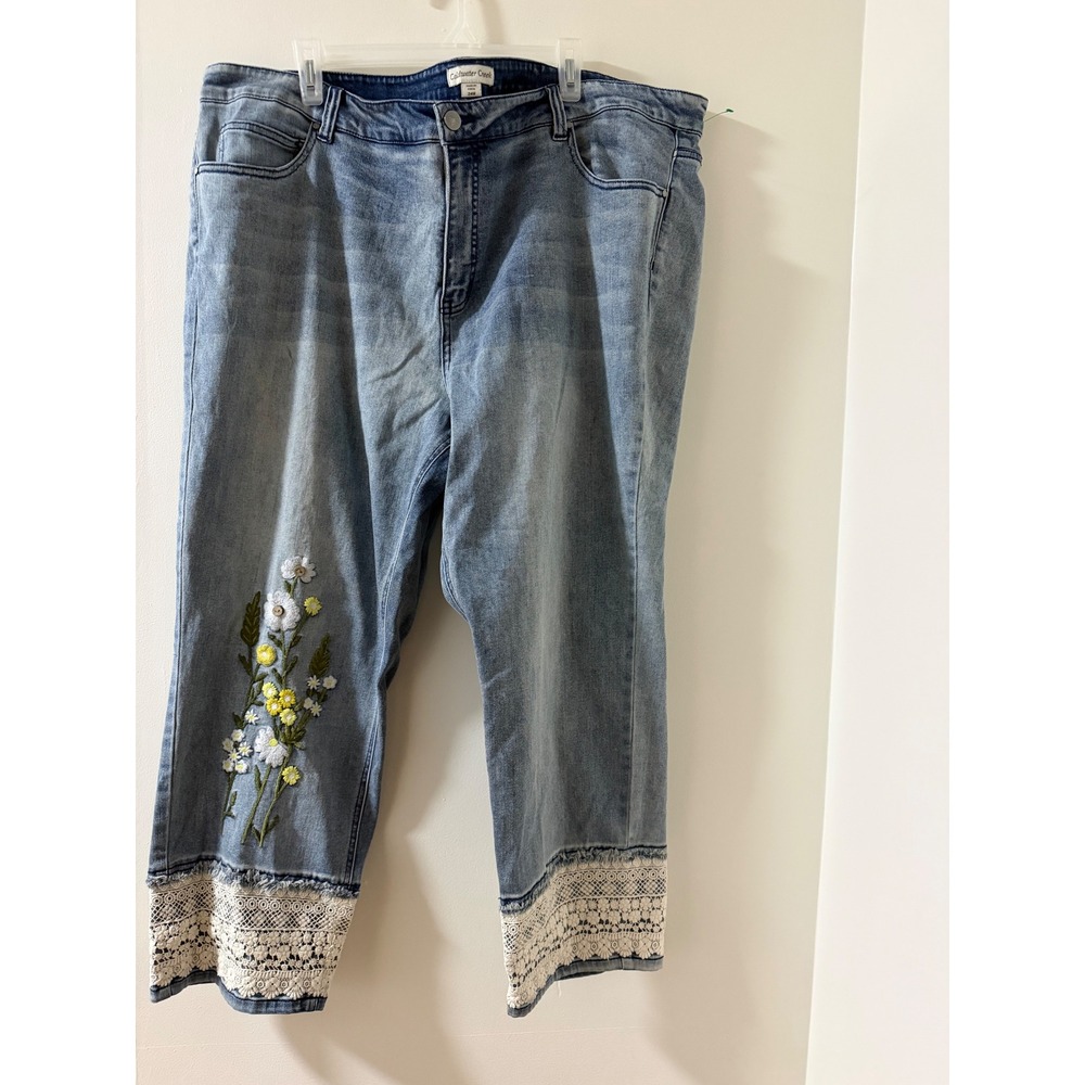 Coldwater Creek Cropped Jeans Womens 24W Blue Good Embroidered Floral Lace Hem